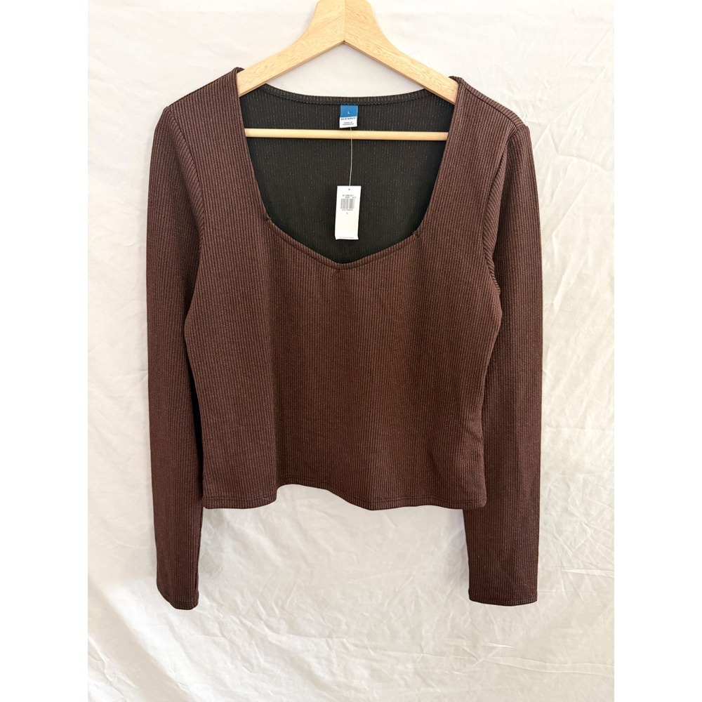 Old Navy Fitted Shine Ribbed Sweetheart Top Women Brown Long Sleeve Knit Large - Picture 2 of 6
